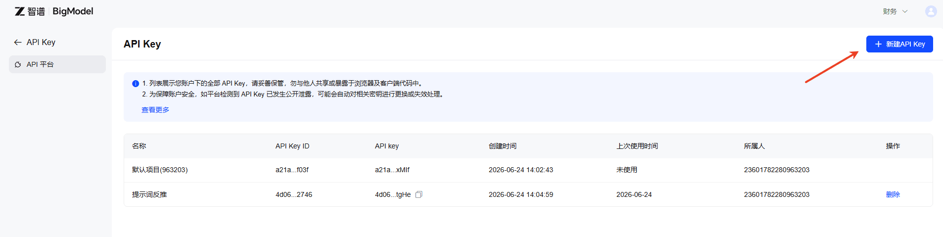 API Keys 页面入口截图