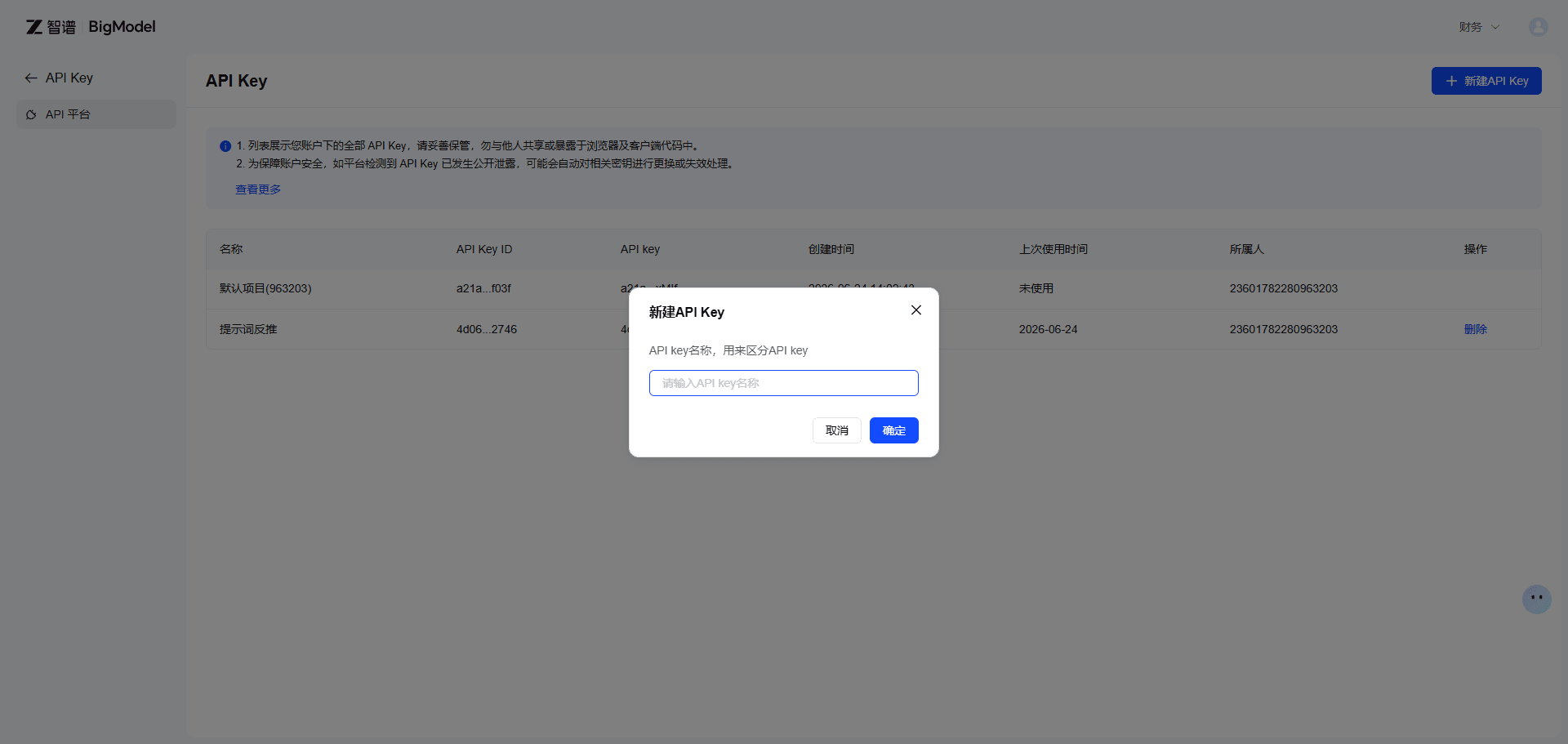 添加新的 API Key 截图